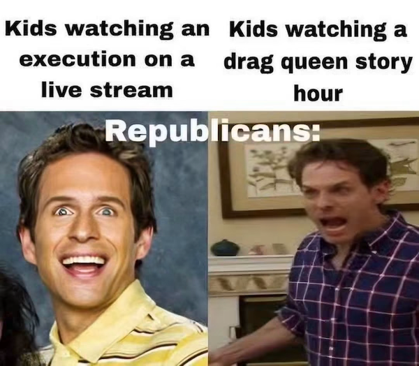 A split-panel meme contrasting two scenarios labeled for "Republicans:"   Left side: Titled "Kids watching an execution on a live stream," featuring a photo of Dennis Reynolds (Glenn Howerton) from It's Always Sunny in Philadelphia wearing a yellow striped shirt with a wide, manic, wide-eyed smile.   Right side: Titled "Kids watching a drag queen story hour," featuring a photo of Dennis Reynolds in a plaid shirt, screaming intensely with a furious expression.